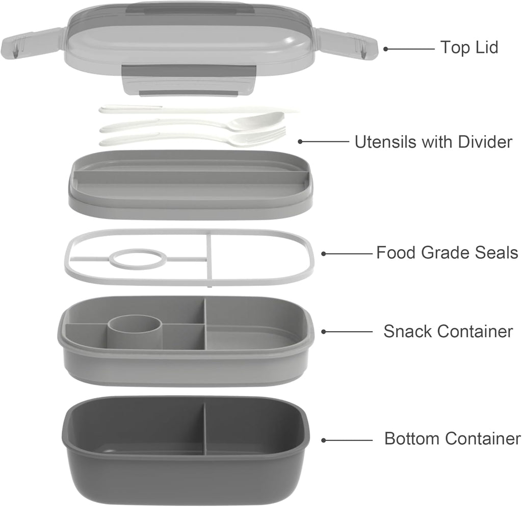 JBGOYON® Bento Lunch Box Set - 3 Stackable Containers for Adults and Kids- Includes Lunch Bag, Leak-Proof and BPA-Free - Built-in Utensil Set and Snack Bag - Dishwasher Safe(Grey Black)