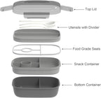 JBGOYON® Bento Lunch Box Set - 3 Stackable Containers for Adults and Kids- Includes Lunch Bag, Leak-Proof and BPA-Free - Built-in Utensil Set and Snack Bag - Dishwasher Safe(Grey Black)