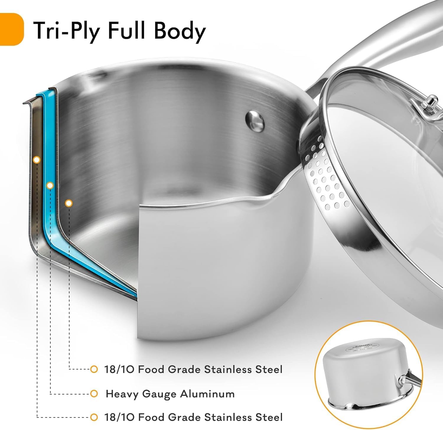 Tri-Ply Stainless Steel Sauce Pan with Steamer Basket & Straining Glass Lid— 2-in-1 Multi-Function Pot for Steaming, Boiling & Simmering — Healthy, Durable, Rust-Resistant, Professional-Grade Cookware