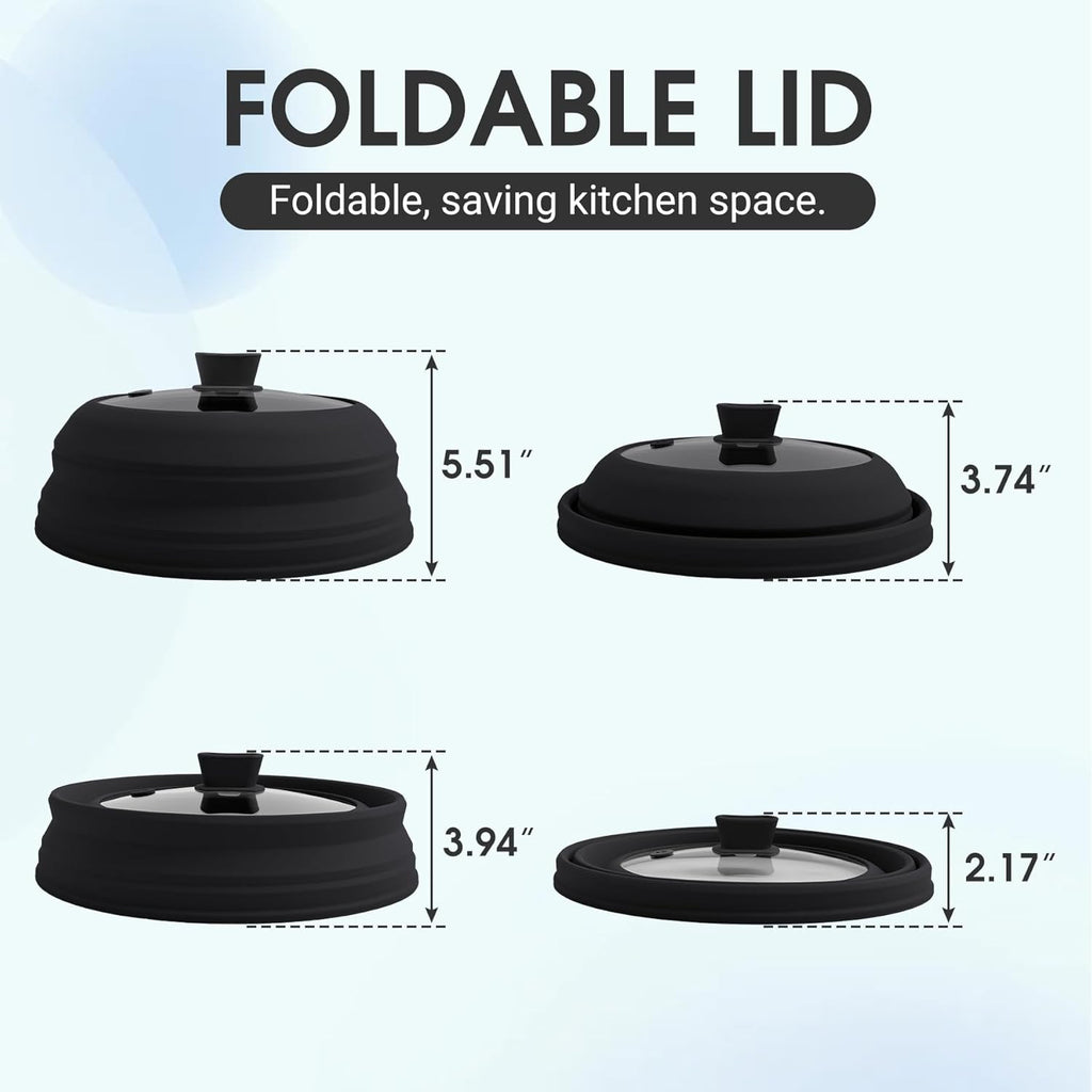Microwave Splatter Cover for Food Collapsible Glass Microwave Cover Silicone Splatter Guard Dishwasher Safe Splatter Lid for Plates, Bowls, Pots & Stovetop Cooking 11.8" Black