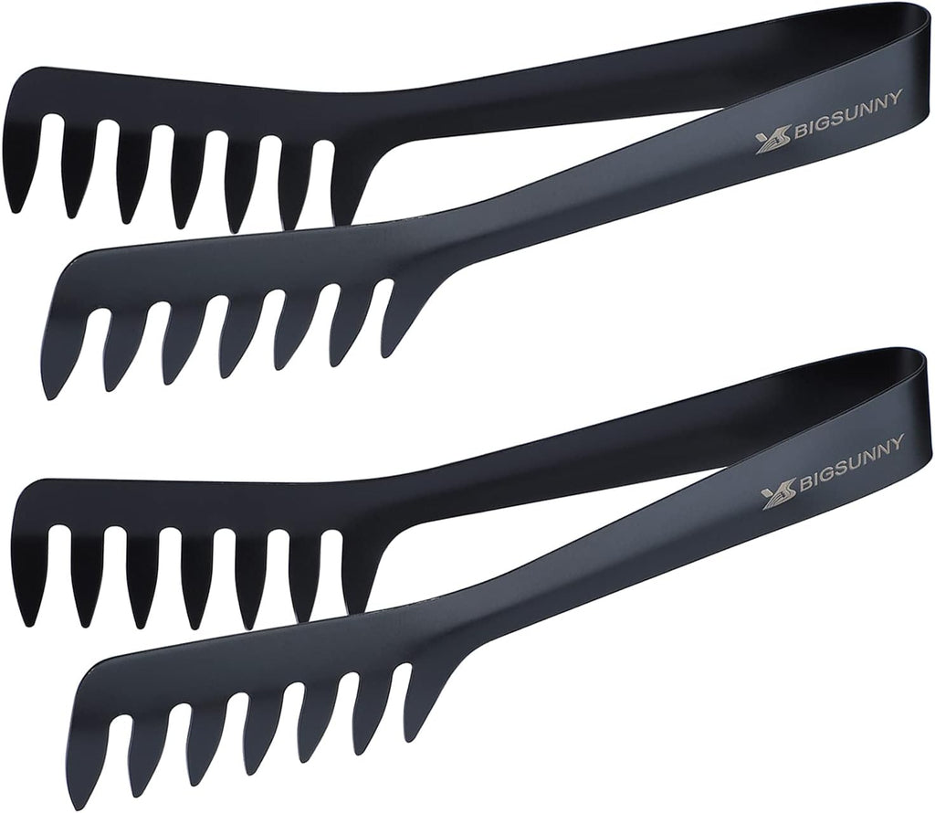 MSY BIGSUNNY 8-Inch Pasta Tongs, Stainless Steel Food Serving Tongs, Rust-Proof Spaghetti Tongs (Set of 2, Black)
