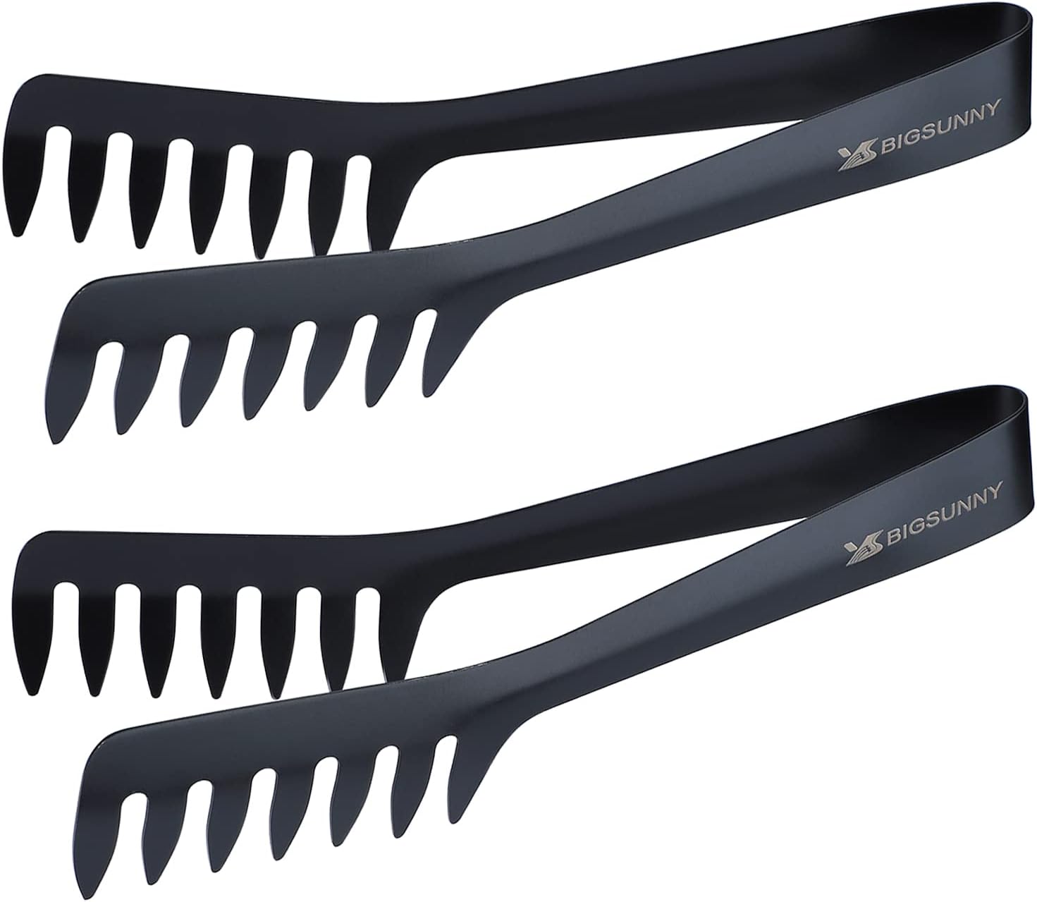 MSY BIGSUNNY 8-Inch Pasta Tongs, Stainless Steel Food Serving Tongs, Rust-Proof Spaghetti Tongs (Set of 2, Black)