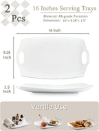 Turkey Serving Platter for Entertainment, Serving Tray with Handles Large, Party, Display, LYEOBOH 16 inch Rectangle Porcelain Platters Set of 2, White