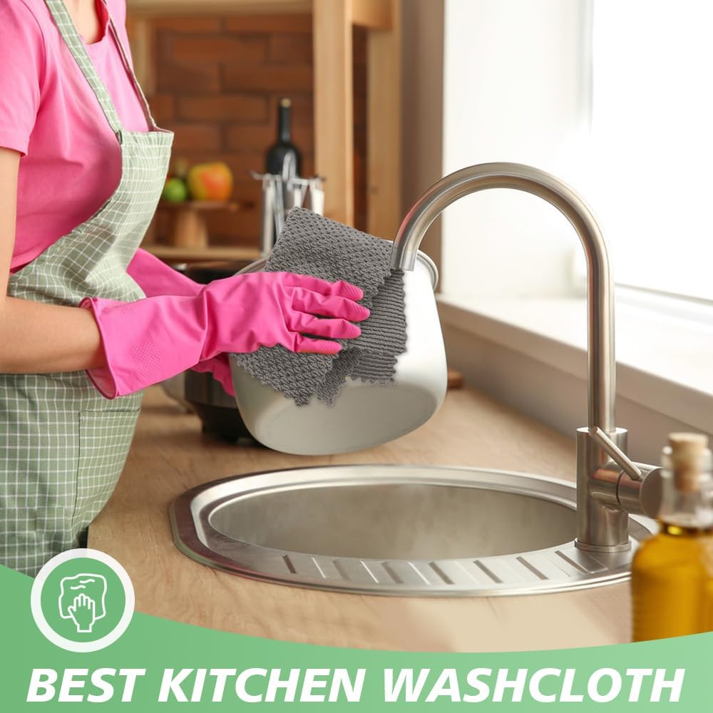 SINLAND Microfiber Dish Cloth for Washing Dishes Rags Best Kitchen Washcloth Cleaning Cloths with Poly Scour Side Popcorn Texture 12Inchx12Inch 10 Pack Grey