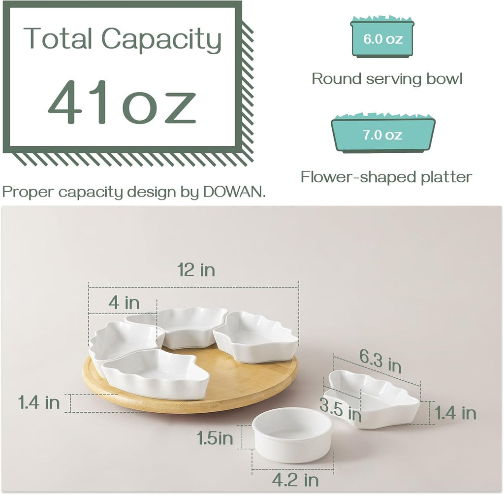 DOWAN 360° Rotatable Serving Tray and Platters, 12 Inch Divided Serving Bowls for Party, Kitchen Decor, Removable Serving Dishes for Chips and Dip, Fruit, Veggies, Candy and Snacks, 7 Pieces, White