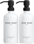 White Glass Hand and Dish Soap Dispenser Set by Brighter Barns - Kitchen Soap Dispenser & Stainless Steel Pump - Glass Bottles for Kitchen Sink - Farmhouse Home Decor, Bathroom Accessories (White)