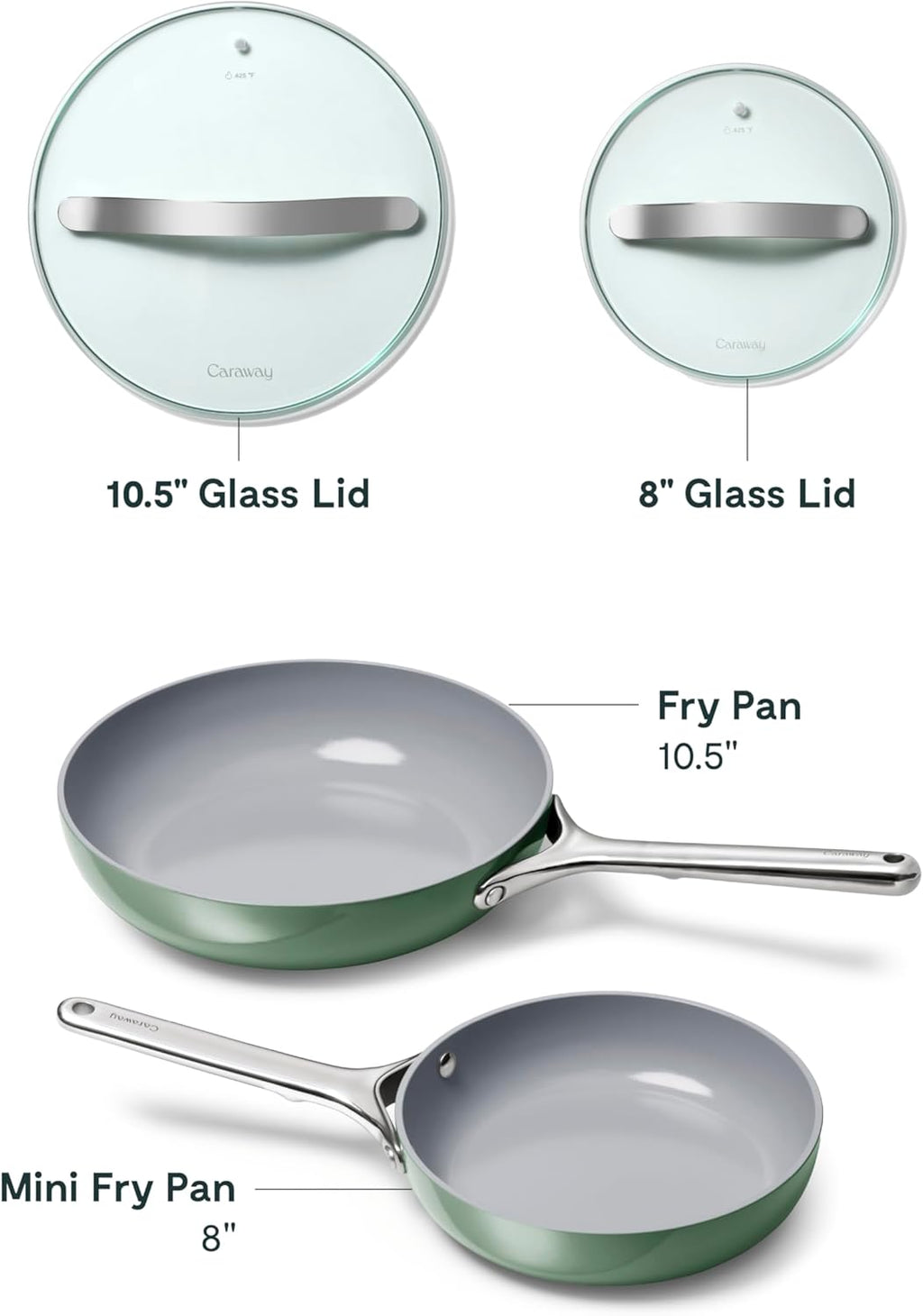Caraway Ceramic Nonstick Fry Pan Set with Glass Lids – Includes Two 10.5” Fry Pans, One 8” Fry Pan, & Three Lids - Non Toxic, PTFE & PFOA Free - Oven Safe & Compatible with All Stovetops - Sage