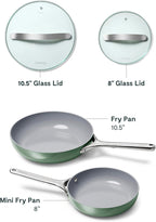 Caraway Ceramic Nonstick Fry Pan Set with Glass Lids – Includes Two 10.5” Fry Pans, One 8” Fry Pan, & Three Lids - Non Toxic, PTFE & PFOA Free - Oven Safe & Compatible with All Stovetops - Sage