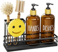 Moforoco Kitchen Dish Soap Dispenser Set, 16OZ Glass Bottle, Hand and Dish Soap Dispenser Set, Instant Dry Tray, Non-Slip Silicone Pad, Brush Holder with Sponge Holder, Kitchen Decor（Amber Bottle）