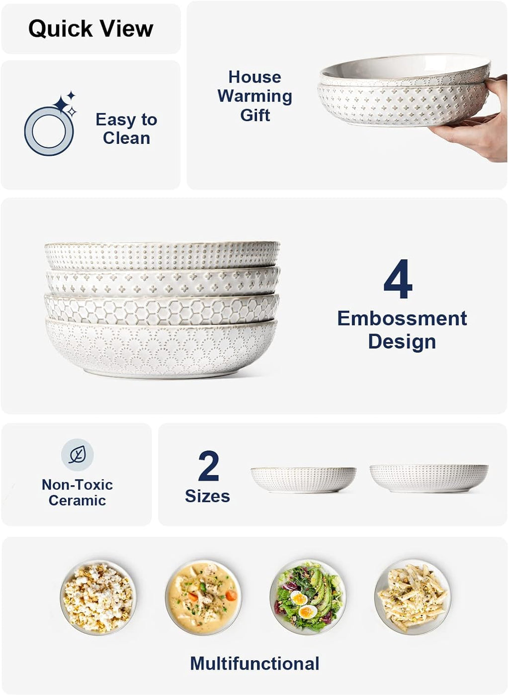 LE TAUCI Pasta Bowl 36 oz, Salad Bowl Serving Plate Bowls, Housewarming Wedding Present, Ceramic Embossment Bowl for Pasta, Fruits, Salad, Noodle, Dinner - 8 Inch, Set of 4, Arctic White