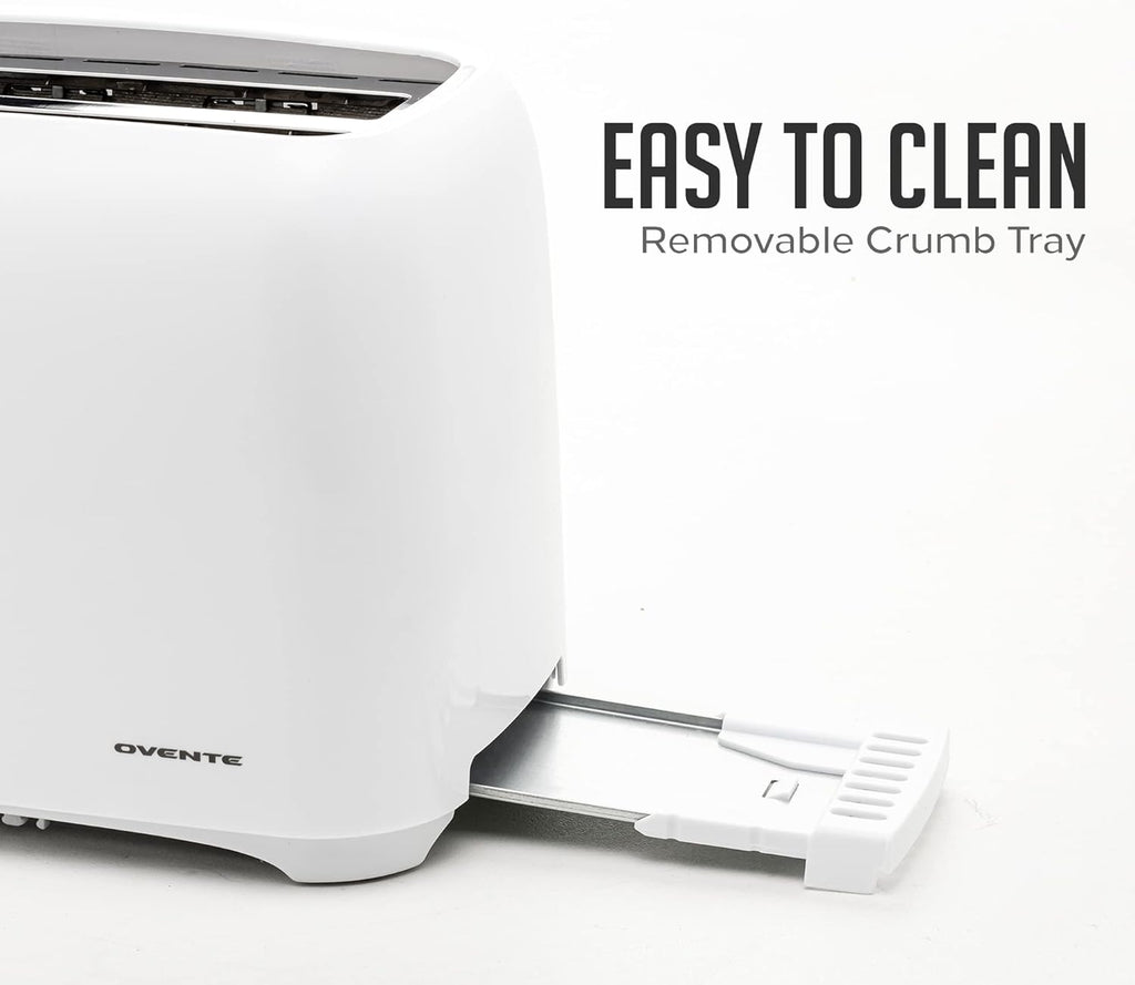 OVENTE Electric 2 Slice Toaster Machine with 6-Shade Browning Selector Setting, Compact Design and Removable Crumb Tray, 700W Power Perfect for Toasting Bread, Thin Bagels and Waffles, White TP2210WGY