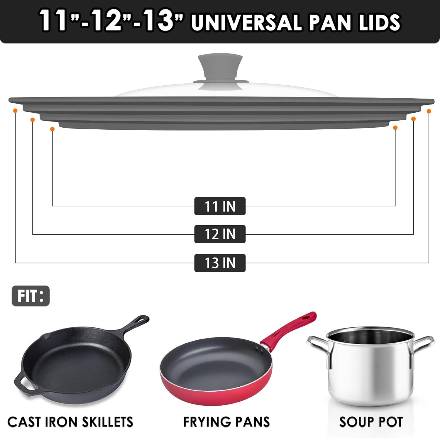 Universal Pan Lids, Silicone Pot lids for Pots, Pans & Skillets - Fits 11", 12" & 13" Diameter Cookware, Replacement Frying Pan lid, Dishwasher Safe (Grey)