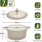 P&P CHEF 7QT Enameled Dutch Oven, Cast Iron Dutch Oven Pot with Lid for Bread Baking, Enameled Casserole Pot for Roasting Braising Stewing Frying Simmering, Various Stoves & Easy Clean, Khaki