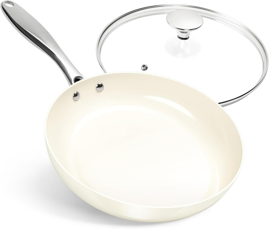 MICHELANGELO 10 Inch Frying Pan with Lid, Nonstick Fry Pan with Ceramic Coated, Induction Compatible Skillet, PFAS & PFOA-Free, White