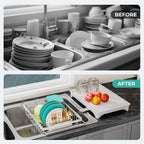 Small Dish Drying Rack in Sink, Expandable Stainless Steel Dish Drainers for Kitchen Counter, with Drain Board & Utensil Holder(White)