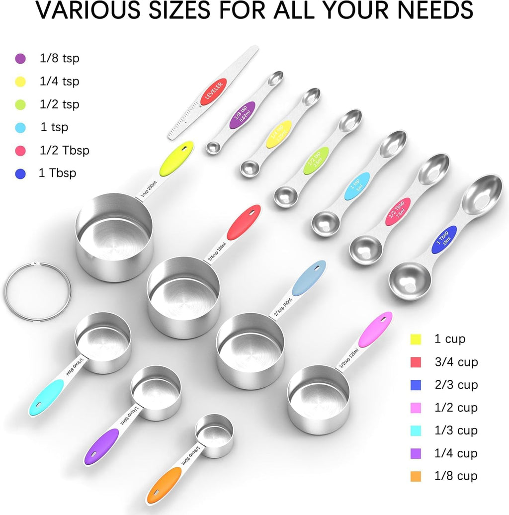 TILUCK measuring cups and magnetic measuring spoons set, stainless steel measuring cups, 6 double-sided stainless steel measuring spoons & 1 leveler(7+7)