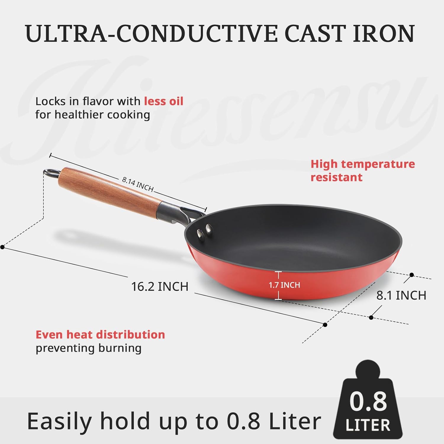 KITESSENSU Titanium Non Stick Frying Pan 8' - Deep Enameled Cast Iron Skillet - Cast Iron Pan for Compatible With All Stovetops - Gradual Burgundy Red