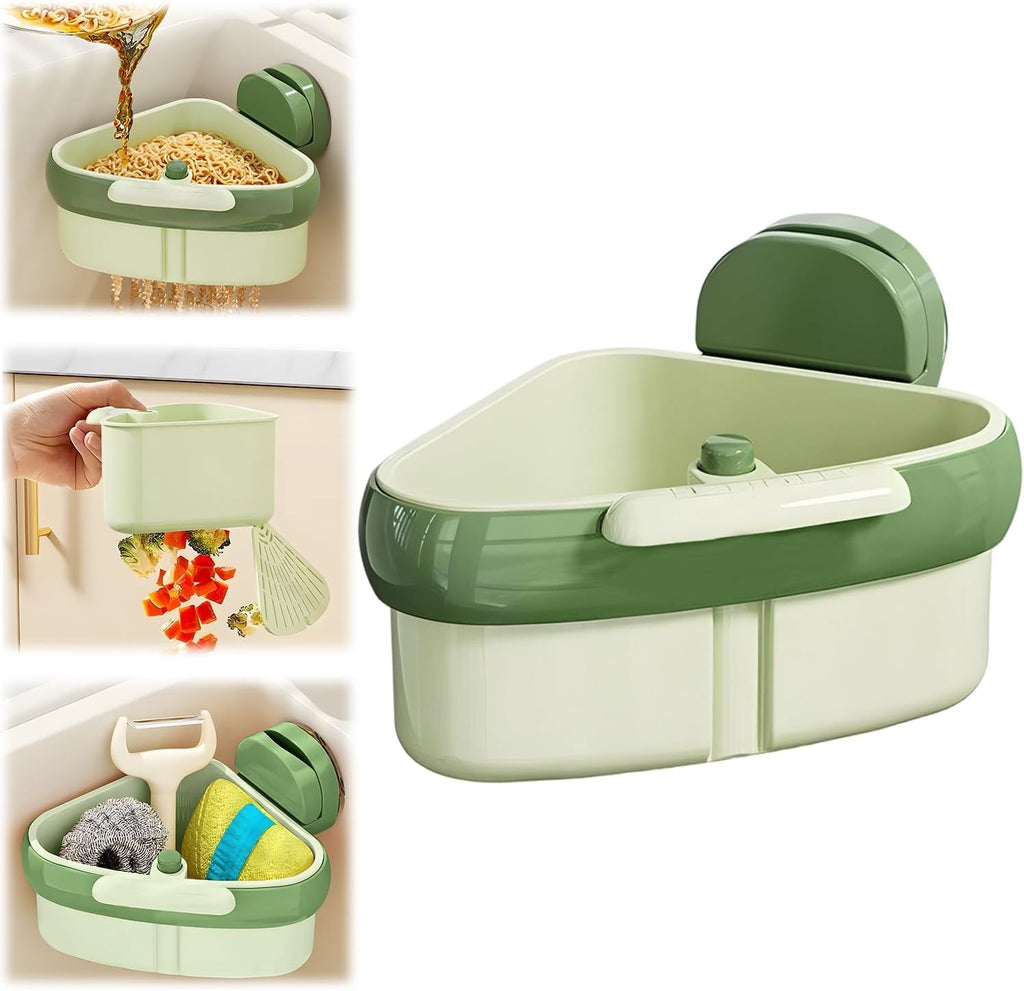 Sink Strainer Basket,2025 New Upgraded Suction Cup Press Sink Drainer Basket,Suction Cup Corner Rack,Corner Trash Catcher for Food Waste,Faucet Sponge Storage Rack (Green)