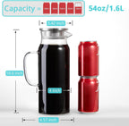 1.6 Liter 54 oz Glass Pitcher with Lid and Spout, Bivvclaz Glass Carafe Water Pitcher for Hot/Cold Water, Iced Tea, Drinks, Coffee, Juice and Homemade Beverage