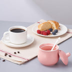 Ceramic Sugar Bowl with Lid and Spoon, Pink Porcelain Sugar Salt Pepper Storage Jar, 8 Ounces