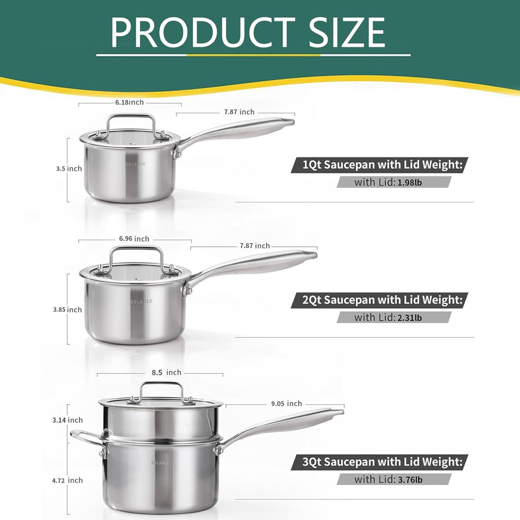 DELARLO Kitchen Pot Set, Tri-Ply Stainless Steel Saucepan Set, 1.0QT 2QT 3.5QT, Cooking Set, Fast Even Heat, Saucepan set Compatible with all Cooktops 600℉（Lids 300℉） 3.5QT Pot with a Steamer