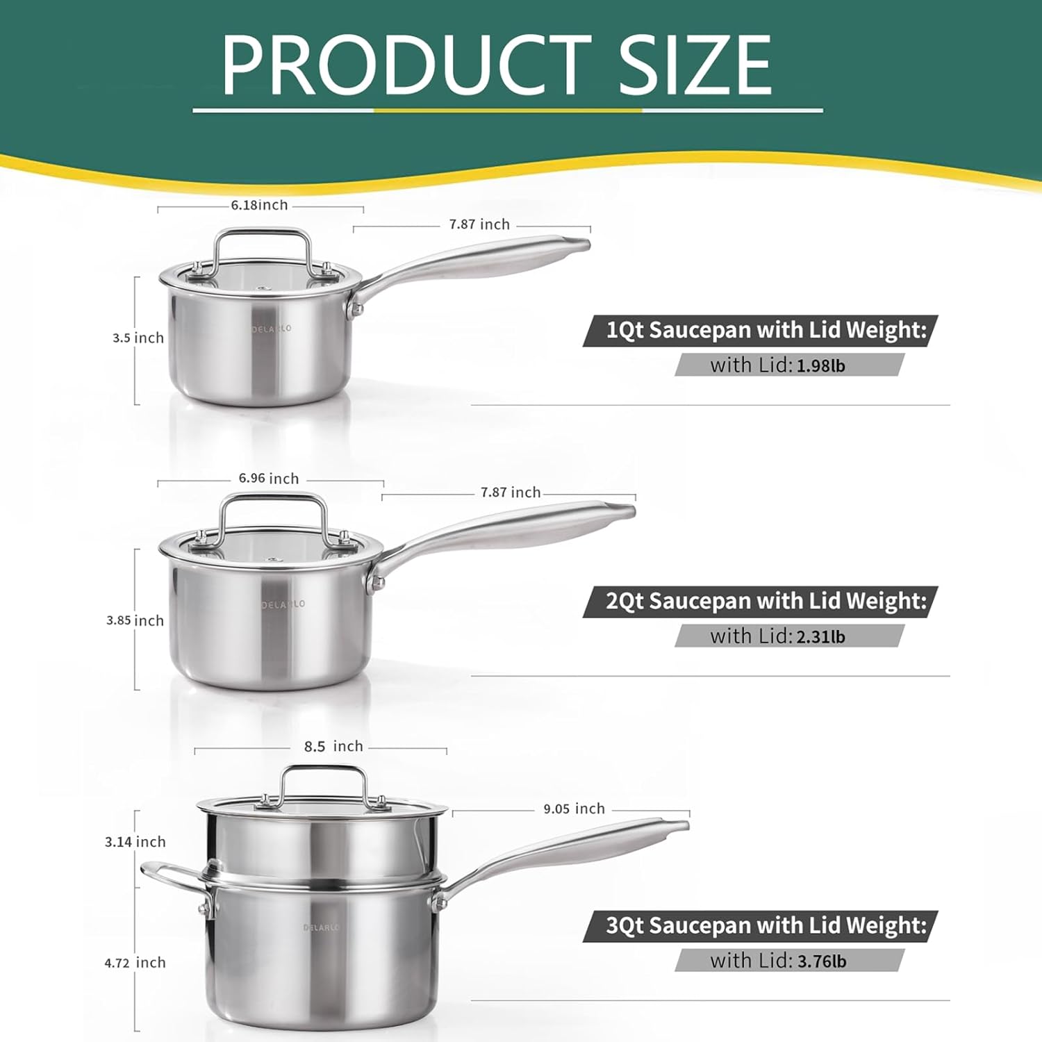 DELARLO Kitchen Pot Set, Tri-Ply Stainless Steel Saucepan Set, 1.0QT 2QT 3.5QT, Cooking Set, Fast Even Heat, Saucepan set Compatible with all Cooktops 600℉（Lids 300℉） 3.5QT Pot with a Steamer