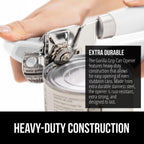 GORILLA GRIP Heavy Duty Stainless Steel Smooth Edge Manual Can Opener and Bottle Openers, Soft Comfortable Handle, Oversized Handheld Turn Knob, US Designed Multifunctional Kitchen Tool, White