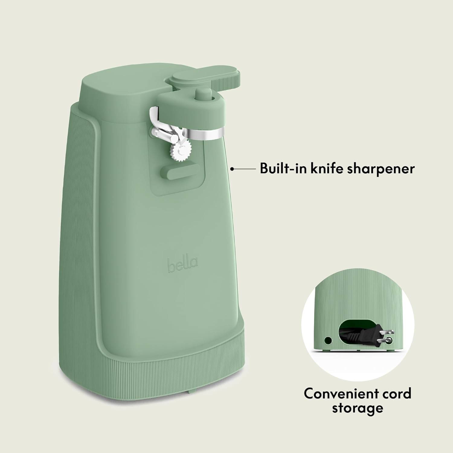bella Electric Can Opener and Knife Sharpener, Multifunctional Jar and Bottle Opener with Removable Cutting Lever and Cord Storage, Stainless Steel Blade, Seaglass
