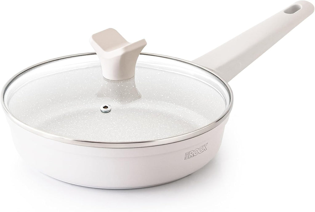 THE ROCK SOHO 8-Inch Non Stick Frying Pan with Lid–Nothing Sticks, Never Warps, Lasts Longer, Ceramic Non Toxic Skillet with Heat-Resistant Handle, PTFE PFOA & PFAS Free, Oven & Dishwasher Safe, Cream