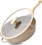 Nonstick Deep Frying Pan with Glass Lid, 12 Inch (4.8 qt), 5X Durable Nonstick Sauté Pan, Scratch & Stain Resistant, PFOA Free, Induction Compatible, Dishwasher & Oven Safe, Natural Linen