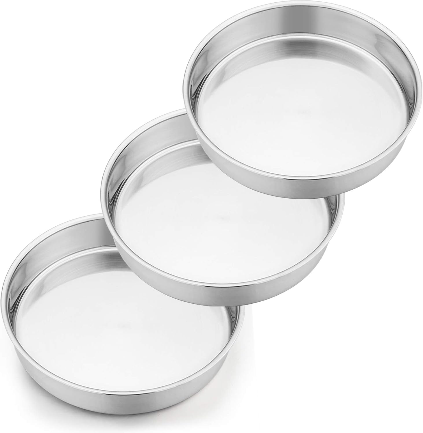 P&P CHEF 9.5 Inch Round Cake Pan Set of 3, Stainless Steel Round Baking Layer Pans Bakeware for Layer Birthday Cake, Fit Oven/Pots/Pressure Cooker, Leakproof & Dishwasher Safe, Silver
