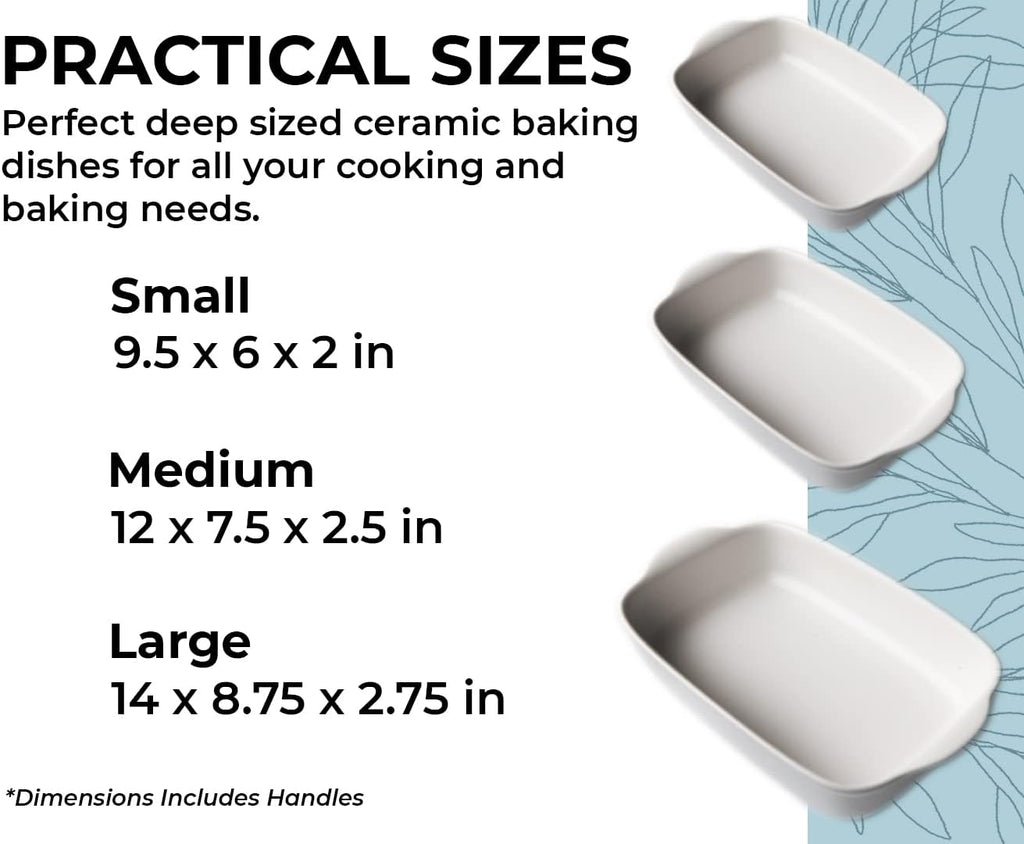Saffron & Sage Casserole Dish Set of 3 - Baking Dishes for Oven, Contemporary White Ceramic Baking Dish Set, Heavy Duty Bakeware, Up to 500° High Heat Resistant, Dishwasher, Freezer and Food Safe