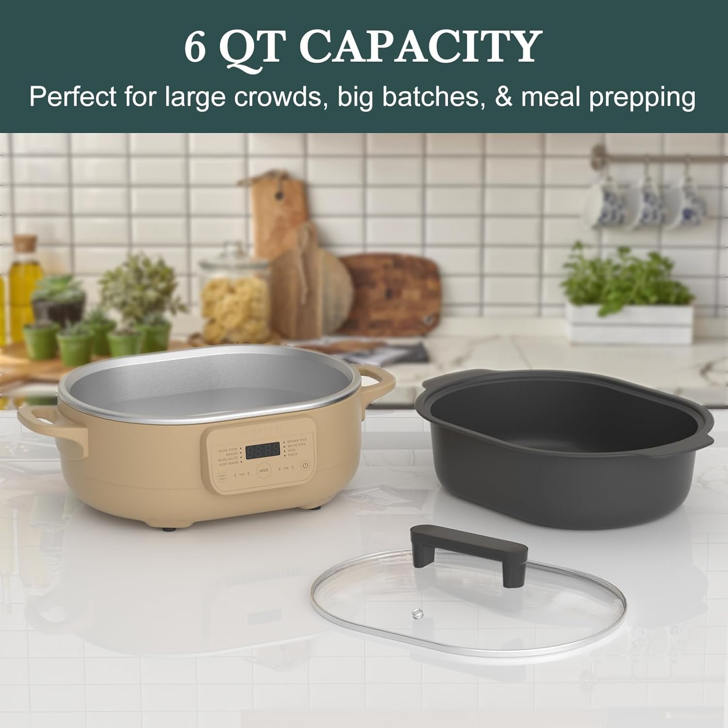 6 Quart Slow Cooker, with 8-in-1 Multi-Cooker, Casserole Programmable crock pot, Dutch Oven, Pasta, Nonstick, Oven Safe Pot to 500°F, Brown