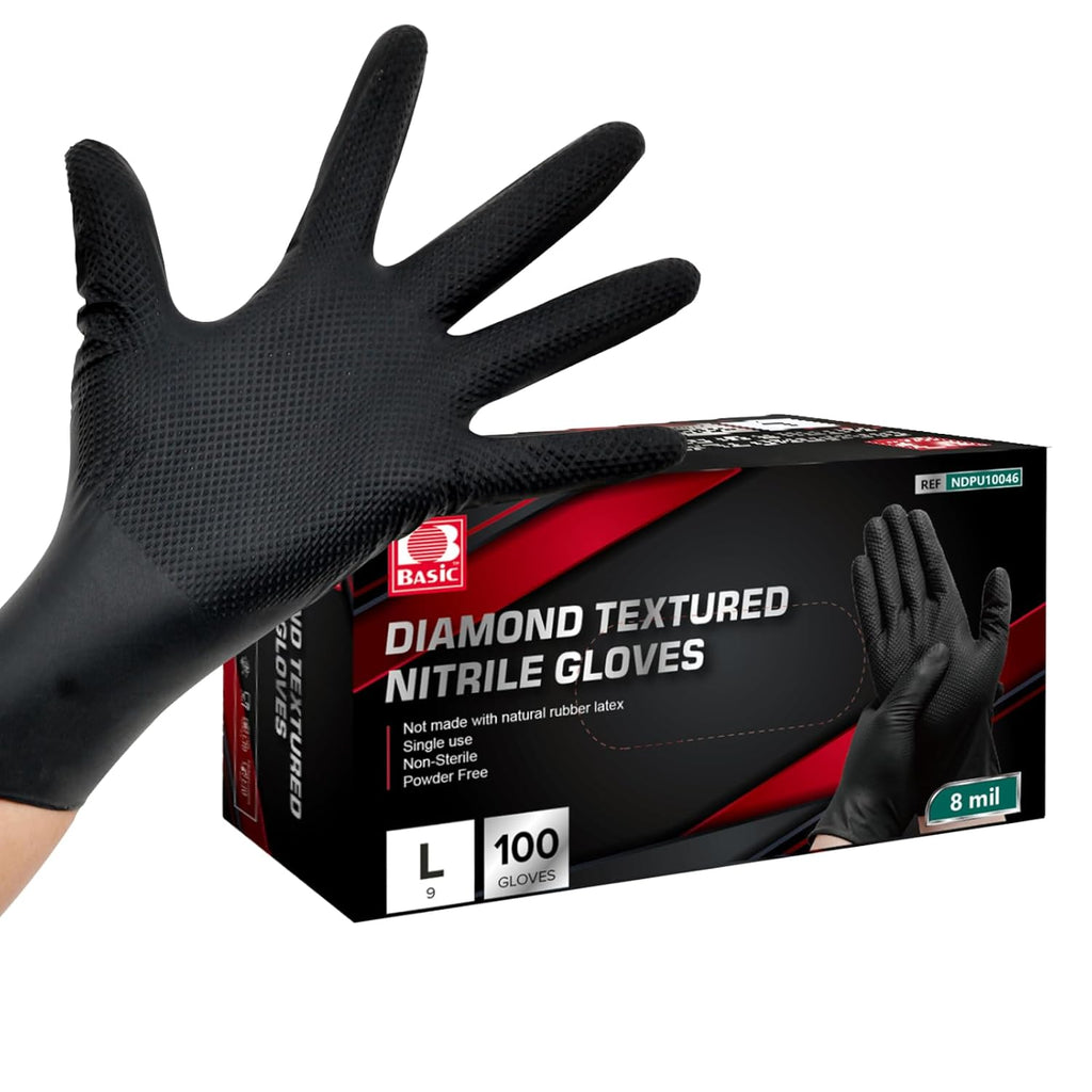Jointown Basic Heavy Duty Nitrile Gloves, Mechanic Gloves 8 Mil Nitrile Disposable, with Raised Diamond Texture, Case of 100, Black, Large