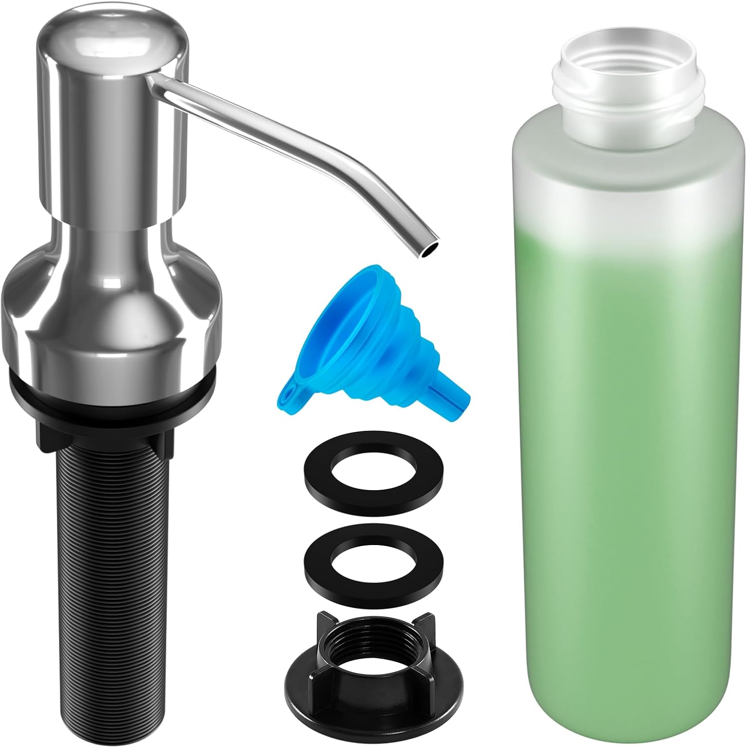 Soap Dispenser for Kitchen Sink, Kitchen Sink Soap Dispenser with 17 OZ Bottle, Refill from The Top Bar, Longer Threaded Shaft Shank, Wide Pump Head Base (Chrome)