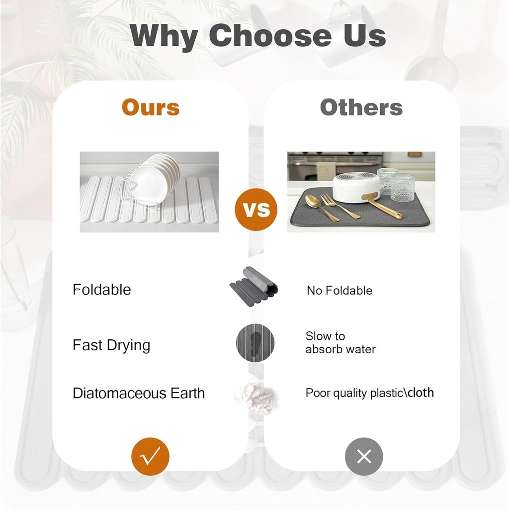 Stone Dish Drying Mat for Kitchen Counter, Quick Dry Stone Mat Kitchen for Dishes Bottles Cups, Large Foldable Diatomaceous Earth Dish Drying Mats Match Any Countertop, White