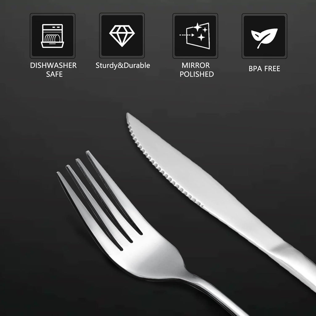 SANTUO 12 Pcs Silverware Set with 6 Steak Knives and 6 Dinner Forks,Flatware Set with Top Food Grade Stainless Steel,Tableware Cutlery Set For Home Restaurant Hotel, Mirror Finish, Dishwasher Safe