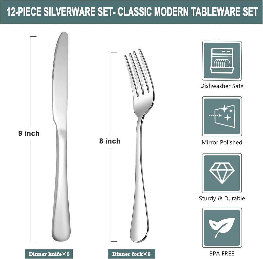 SANTUO 16 Piece Silverware Set with 8 Dinner Knives and 8 Dinner Forks,Flatware Set with Top Food Grade Stainless Steel,Tableware Cutlery Set For Home Restaurant Hotel, Mirror Finish, Dishwasher Safe