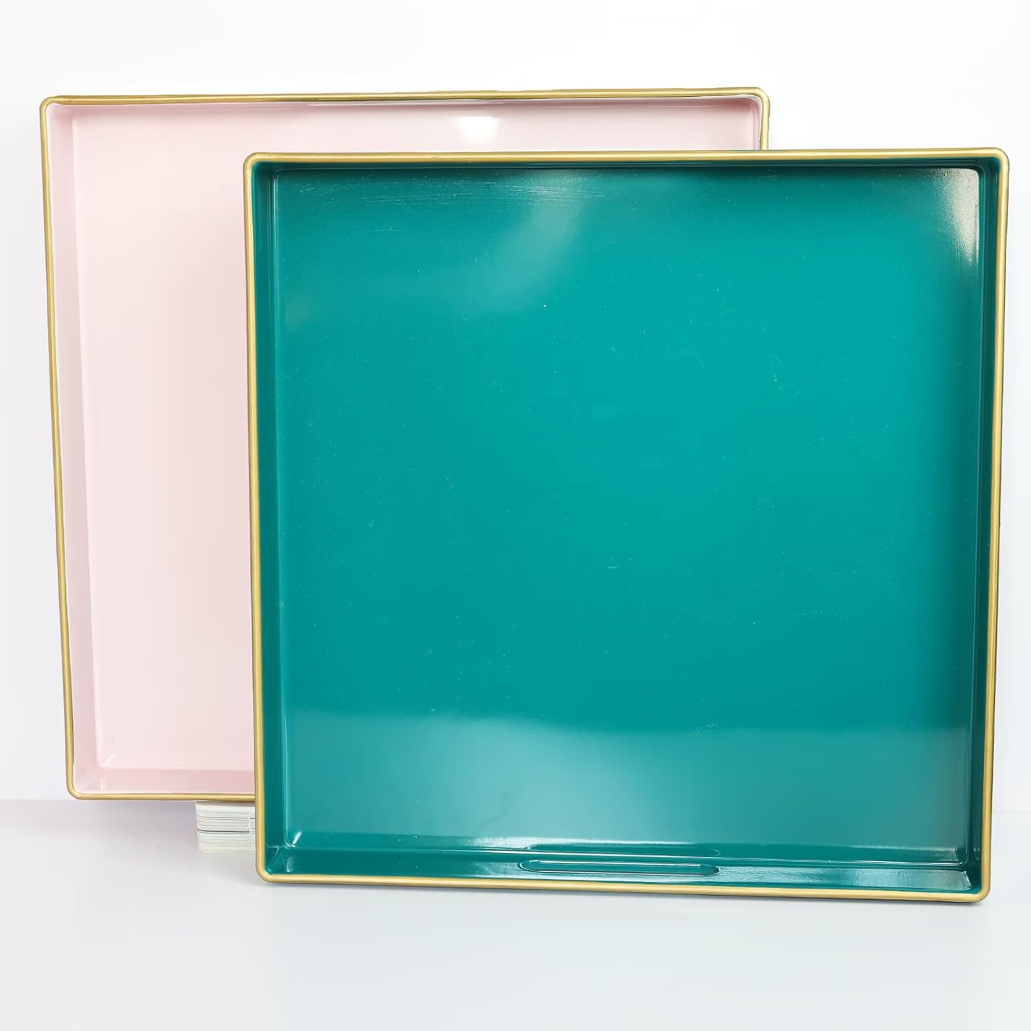 Spsyrine Green Decorative Serving Tray with Handles, 13" X 13" Square Plastic Coffee Table Tray for Ottoman, Living Room, Bathroom, Home Decor.