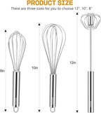 NileHome Stainless Steel Whisk Set 8" 10" Hand Blender + 12" Semi-Automatic Rotary Kitchen Whisk Kitchen Wisk Wire Whisks for Cooking, Whisking, Blending, Beating, Stirring- 3 Pack...