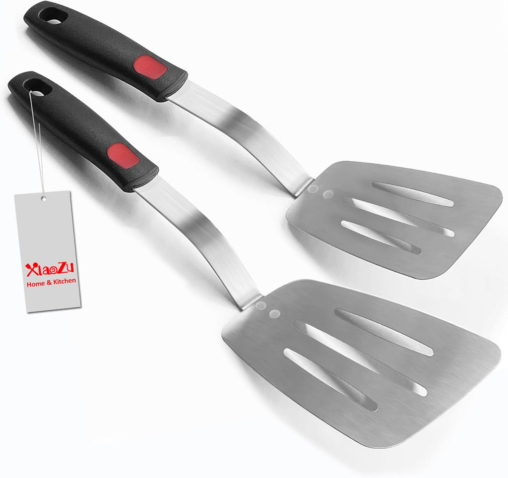 Stainless Steel Flexible Spatula Slotted Turner, XiaoZu Thin Metal Spatula for Cast Iron Skillet, Thin Blade and Heat Resistant Silicone Handle, Great for Egg, Cookie, Meat, Crep, Medium + Large