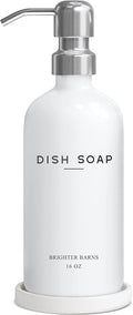 White Glass Dish Soap Dispenser for Kitchen Sink by Brighter Barns - Modern Kitchen Soap Dispenser Set - Refillable Glass Bottle with Pump - Neutral Minimalist Home Decor in Airbnb, Restaurant (White)