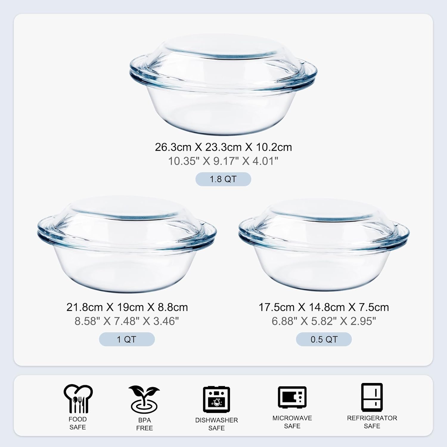 Set of 6 Round Glass Casserole Dishes, Nesting Glass Baking Dish Set with Lid, Oven, Freezer and Dishwasher Safe. - 0.5QT+1QT+1.8QT