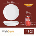 White Pasta Bowls Set of 4, Porcelain Salad Bowls 37 oz, Wide and Shallow Serving Bowl 9 Inch, Large Pasta Plates, Serving Dishes for Soup, Dinner, Microwave and Dishwasher Safe