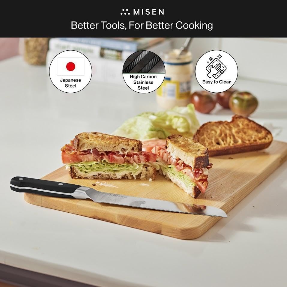 Misen Serrated Bread Knife – High-Carbon Japanese AUS8 Steel – Effortless Slicing of Bread, Pastries, and Fruits – Razor-Sharp Edge and Durable Blade with Ergonomic Handle - 8", Blue