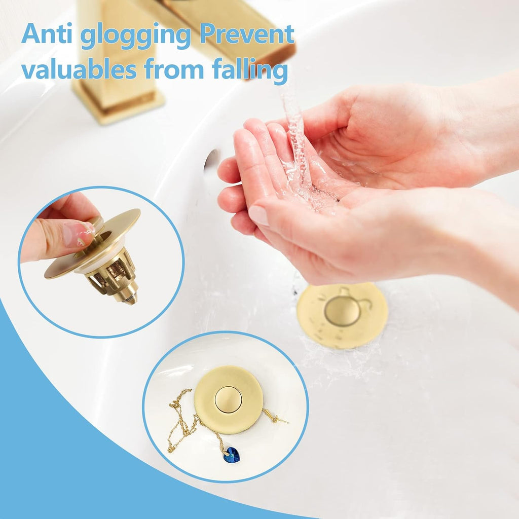 Gold Bathroom Sink Stopper，Pop Up Drain Stopper for Bathroom Sink，‎2-in-1 Sink Stopper & Strainer,Universal Wash Basin Sink Stopper，Suitable for 1.1"~1.5" Bathroom Sink Drain Pipe（Gold Matte Brushed）