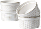 LE TAUCI Ramekins 12 oz, Ramiken for Creme Brulee, Souffle, Dipping Sauce, Ceramic Embossment Housewaming Present -4.8 inch, Set of 4, Arctic White