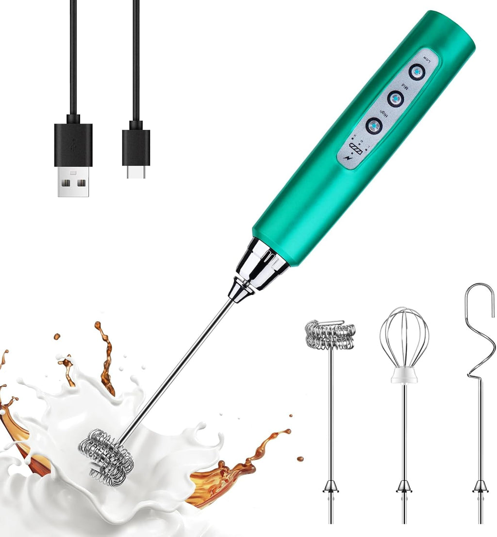 YUSWKO Turquoise Handheld Milk Frother Wand for Coffee, Rechargeable Electric Whisk with 3 Heads 3 Speeds Drink Mixer Coffee Frother For Latte, Cappuccino, Hot Chocolate, Egg