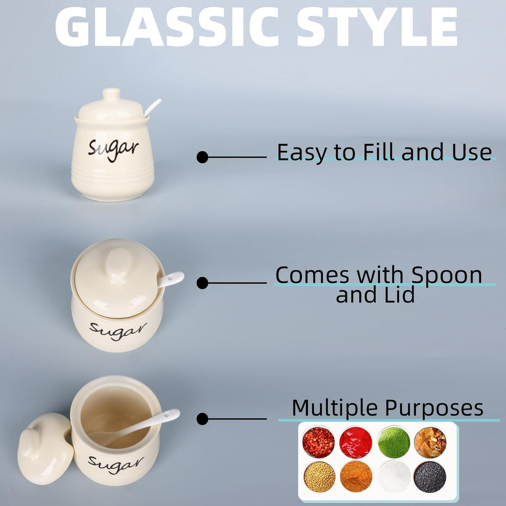 HAOTOP 12oz Sugar Bowl with Lid and Spoon,Ceramic Sugar Jar Sugar Dispenser Sugar Container Coffee Bar Accessories, Kitchen Countertop Canisters, Beige