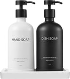 Glass Kitchen Soap Dispenser Set with Ceramic Tray,16.9 floz Hand and Dish Soap Dispenser for Kitchen and Bathroom Decor,White and Black Kitchen Accessories(White Bottles+Black Bottles)